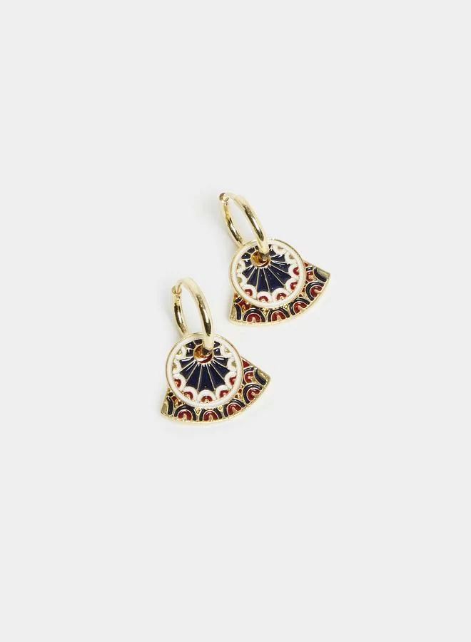 Styli Gold Hoop Earrings with Enamel Fan Design